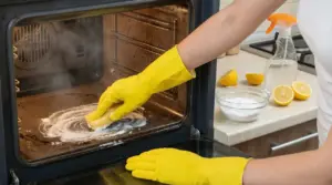 Persona con guanti gialli pulisce un forno incrostato con rimedi naturali come limone e bicarbonato