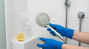Una persona pulisce un soffione della doccia incrostato con rimedi naturali come aceto e limone