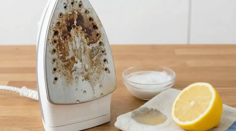 Piastra di un ferro da stiro molto incrostata accanto a un limone e una ciotola di bicarbonato