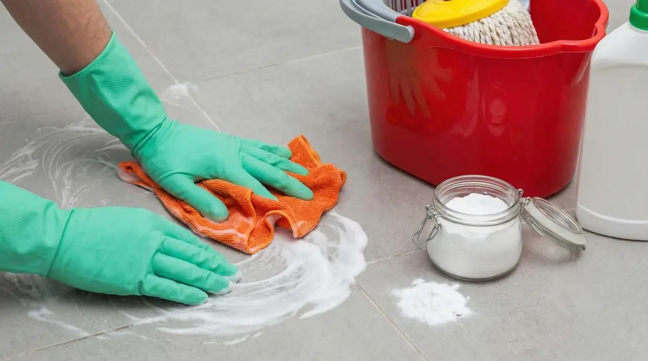 Mani con guanti che puliscono piastrelle in ceramica con bicarbonato e panno arancione