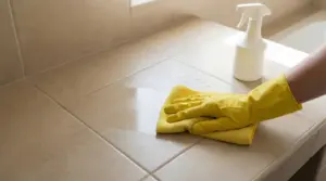 Mano con guanto giallo che pulisce piastrelle opache con un panno umido