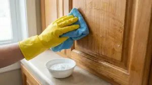 Una mano con guanto giallo pulisce un mobile da cucina in legno con un panno e una ciotola di bicarbonato