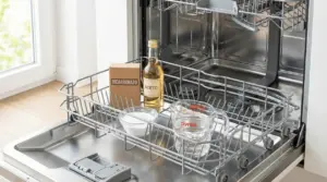 Ingredienti naturali come aceto e bicarbonato all'interno di una lavastoviglie aperta