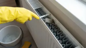 Pulizia di un termosifone con uno scovolino, guanto giallo e secchio d'acqua sul pavimento