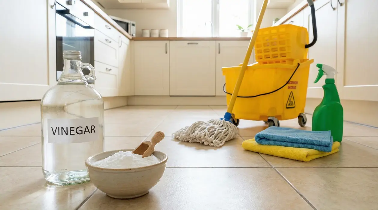 Ingredienti naturali per pulire il pavimento, tra cui aceto, bicarbonato e attrezzi per la pulizia