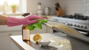 Una mano con guanto rosa pulisce il filtro della cappa con un panno verde