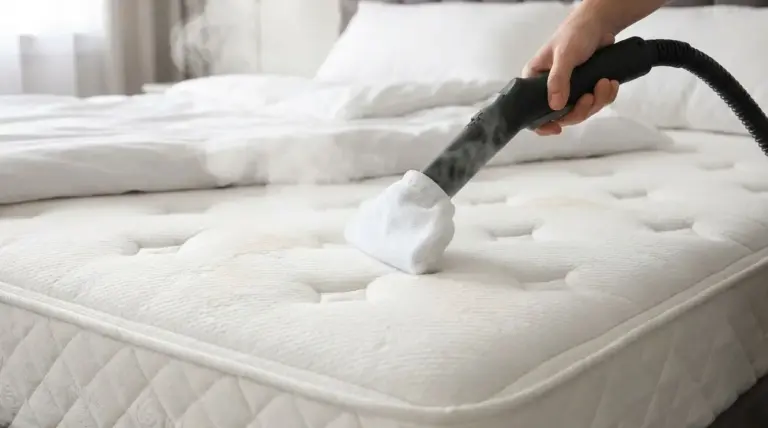 Pulizia a vapore di un materasso chiaro con un dispositivo portatile