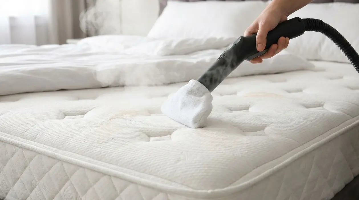 Pulizia a vapore di un materasso chiaro con un dispositivo portatile