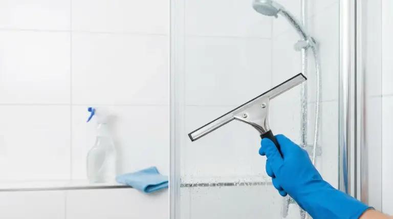 Mano con guanto blu pulisce il vetro della doccia con una spatola tergivetro