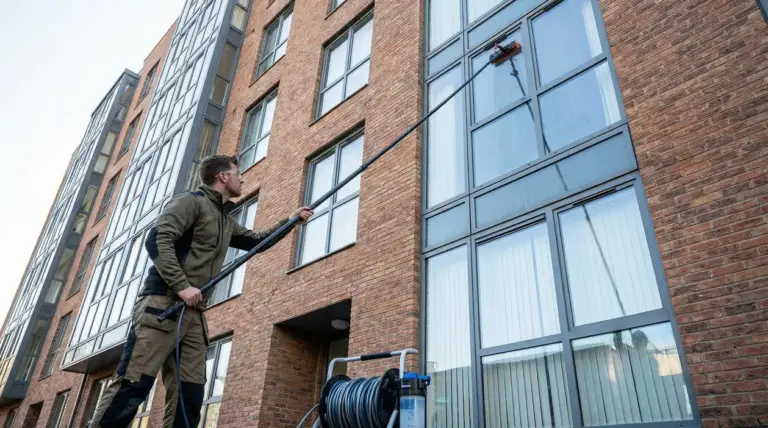 Persona che pulisce i vetri alti di un edificio con un'asta telescopica da terra