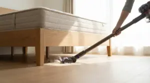 Una persona aspira la polvere sotto un letto in legno con un aspirapolvere.