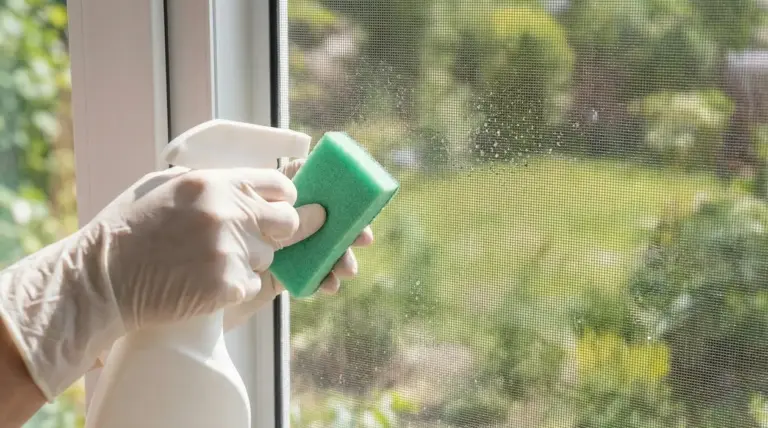 Mano con guanto pulisce una zanzariera con spugna e spray