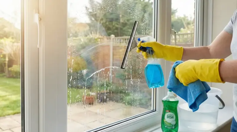 Persona con guanti gialli pulisce una finestra con spray e panno