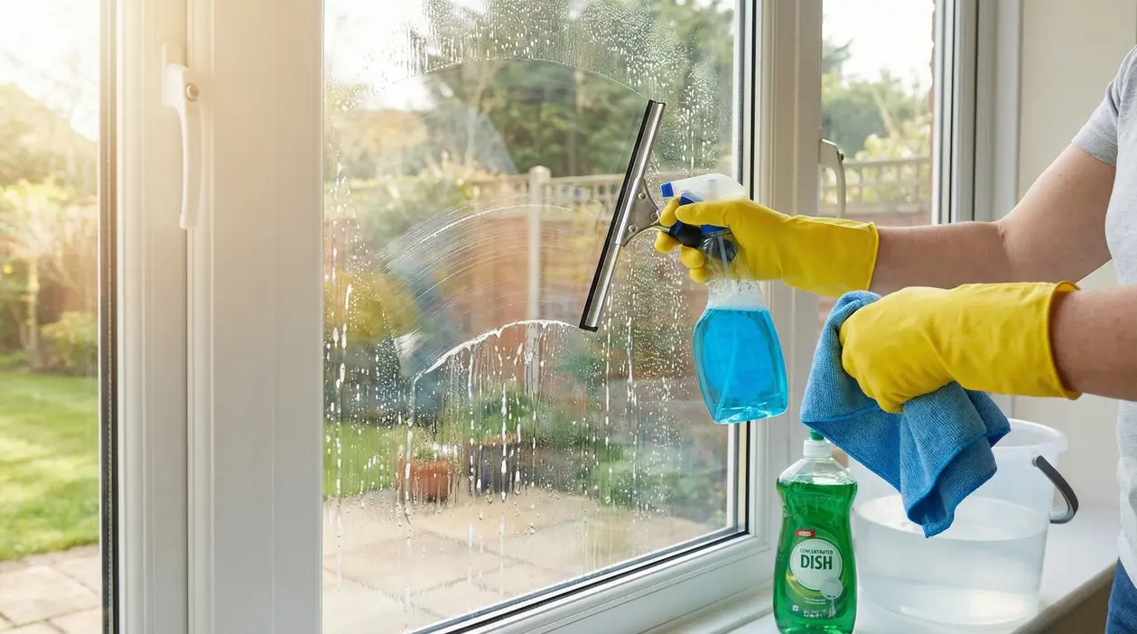 Persona con guanti gialli pulisce una finestra con spray e panno