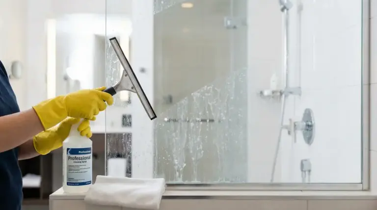 Persona con guanti gialli pulisce un vetro della doccia con una spatola e spray professionale