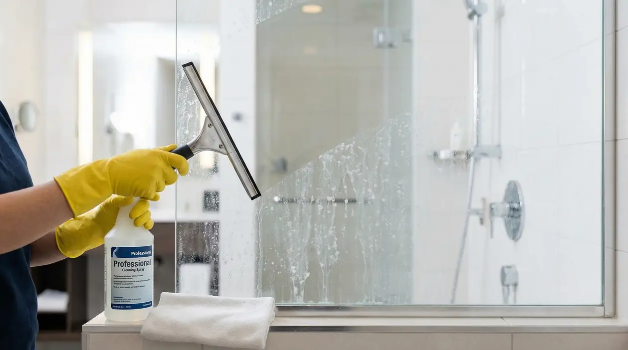Persona con guanti gialli pulisce un vetro della doccia con una spatola e spray professionale