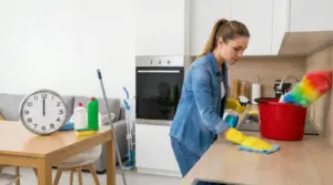 Persona che pulisce una cucina con guanti e prodotti per le pulizie su un tavolo accanto a un orologio.