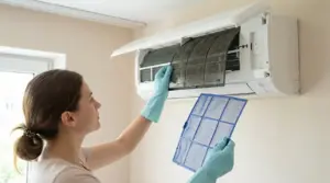 Persona con guanti rimuove i filtri di un condizionatore a parete