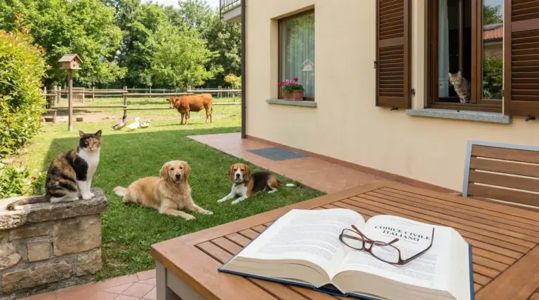 Animali domestici e da cortile in un giardino accanto a una casa con un libro di legge sul tavolo