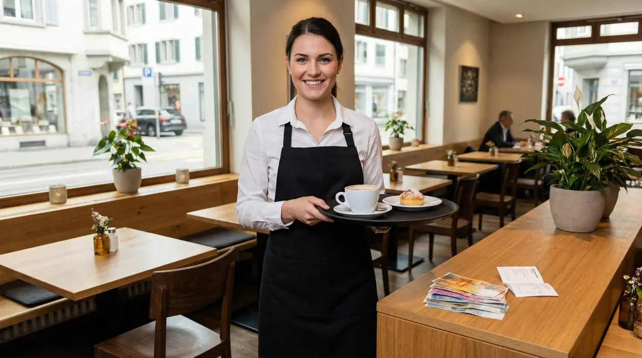 Cameriera sorridente in un bar in Svizzera con un vassoio contenente caffè e dolce