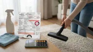 Persona che passa l'aspirapolvere vicino a una bolletta elettrica su un tavolo con prodotti per le pulizie