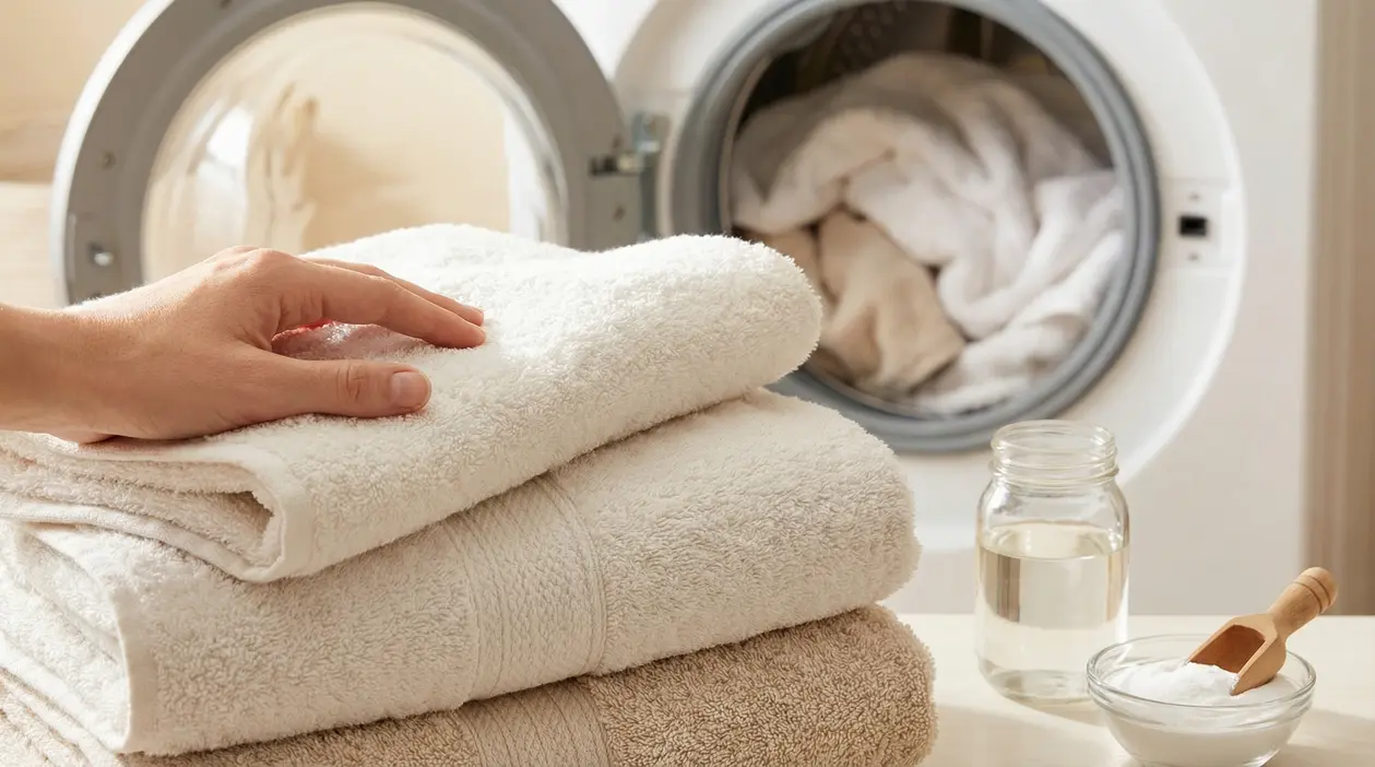 Mano che tocca asciugamani piegati vicino a una lavatrice aperta