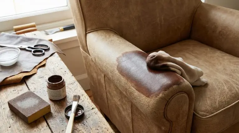 Riparazione di un bracciolo in pelle sintetica con prodotti per il restauro su un tavolo di legno