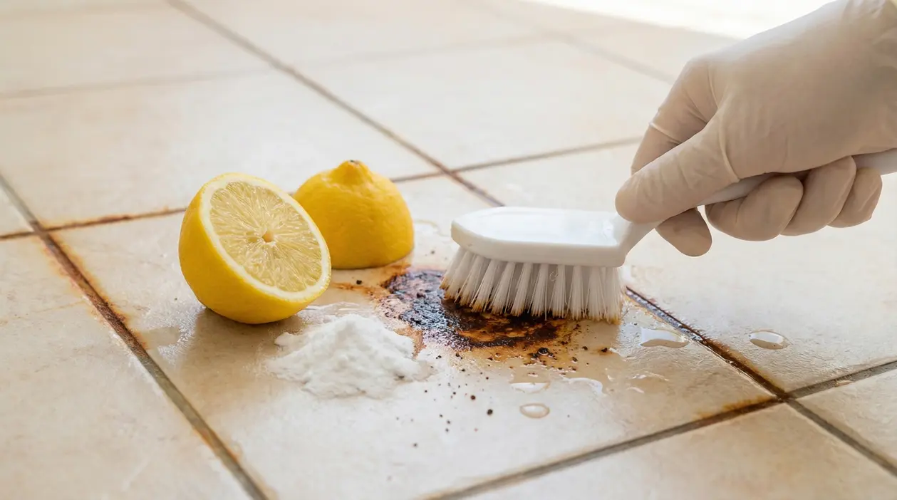 Mano con guanto che pulisce macchie di ruggine dal pavimento con limone, bicarbonato e spazzola