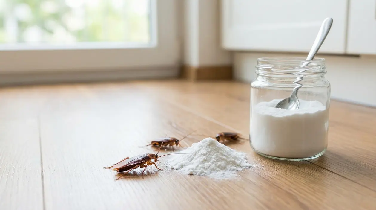 Scarafaggi sul pavimento vicino a un barattolo di polvere bianca, possibile rimedio naturale