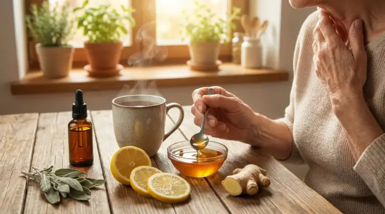 Persona anziana prepara rimedio naturale con miele, limone, zenzero e salvia per lenire il mal di gola