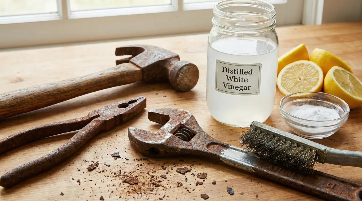 Attrezzi arrugginiti su un tavolo con aceto, limoni, bicarbonato e spazzola metallica