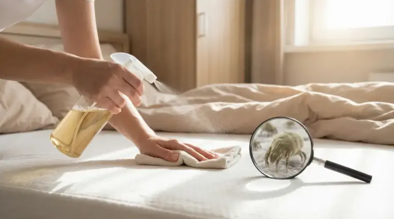 Persona che spruzza rimedio naturale su un materasso per eliminare gli acari della polvere