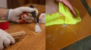 Rimozione della cera da mobili in legno con spatola e panno