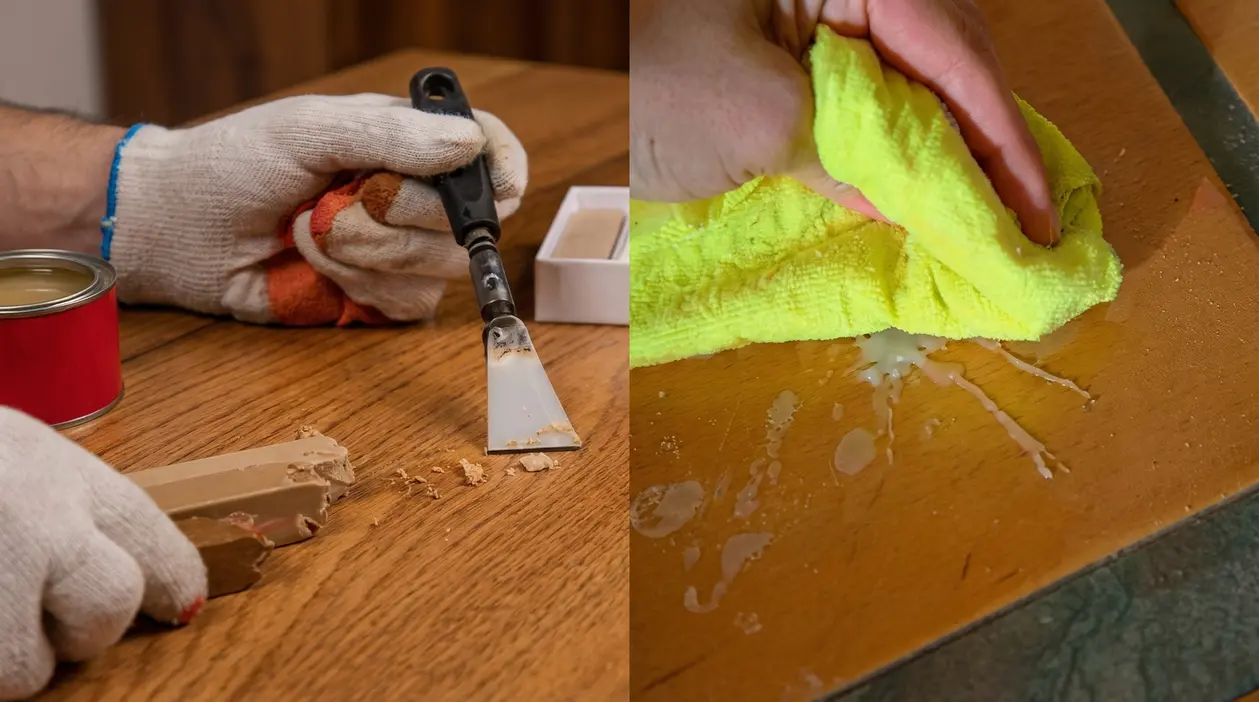 Rimozione della cera da mobili in legno con spatola e panno