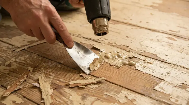 Mano che rimuove vernice da un pavimento in legno con spatola e pistola termica