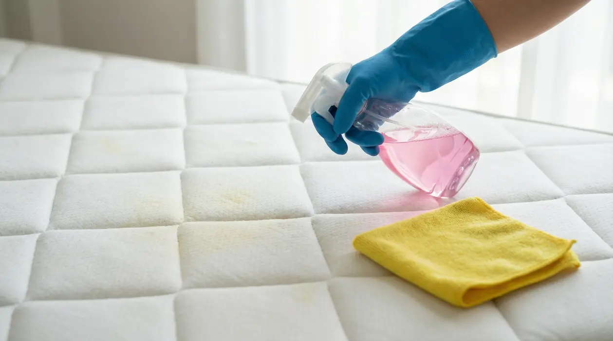 Mano con guanto blu pulisce un materasso con spray rosa e panno giallo