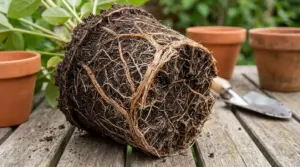 Apparato radicale di una pianta estratta da un vaso, con radici fitte e sane