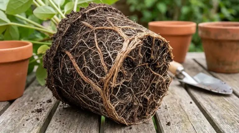 Apparato radicale di una pianta estratta da un vaso, con radici fitte e sane