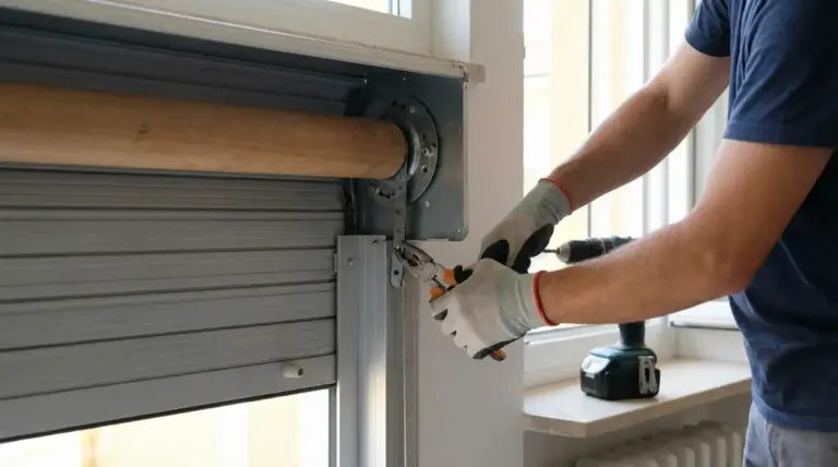 Persona che ripara una tapparella bloccata con attrezzi manuali