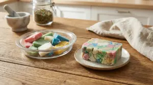 Scarti di saponette colorate in una ciotola di vetro e un sapone riciclato su un piattino