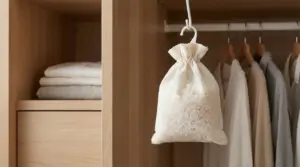 Sacchetto di sale appeso all'interno di un armadio con abiti ordinati