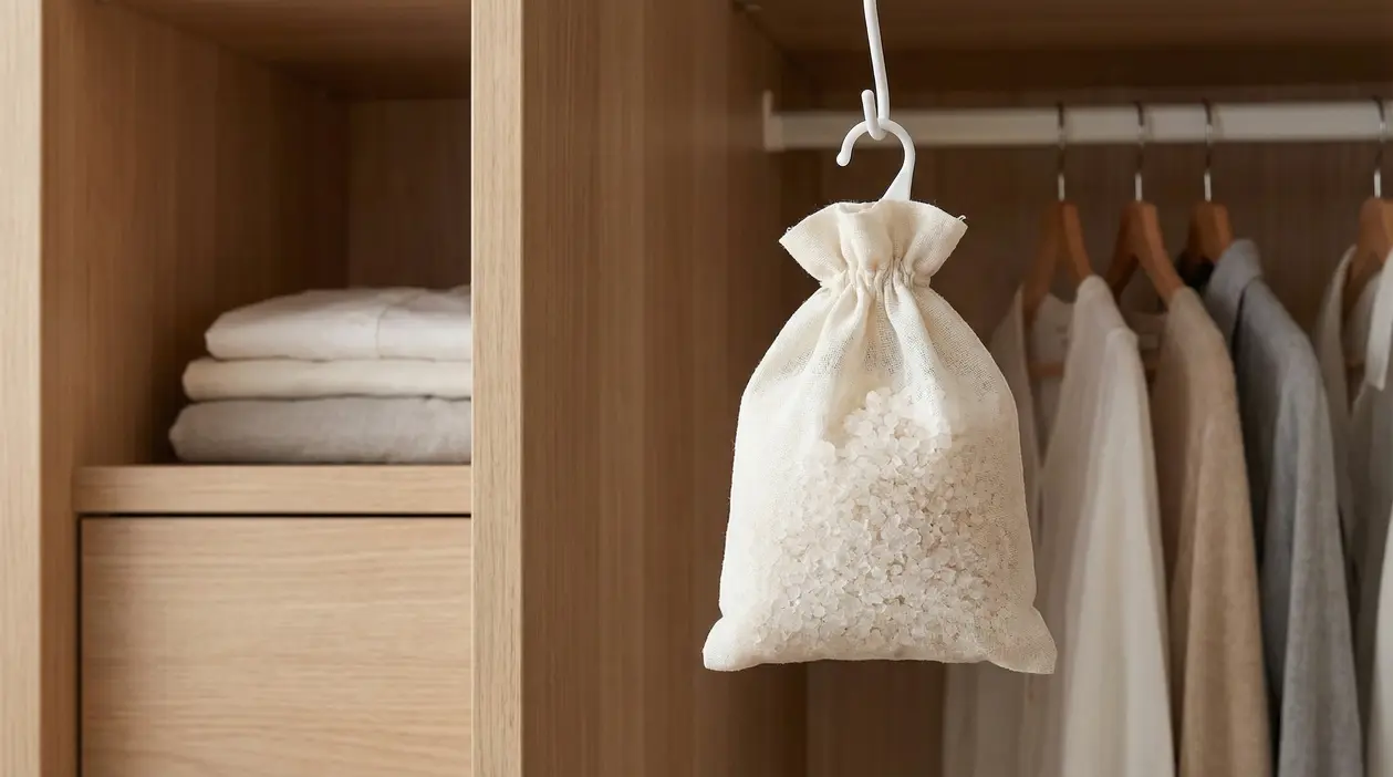 Sacchetto di sale appeso all'interno di un armadio con abiti ordinati