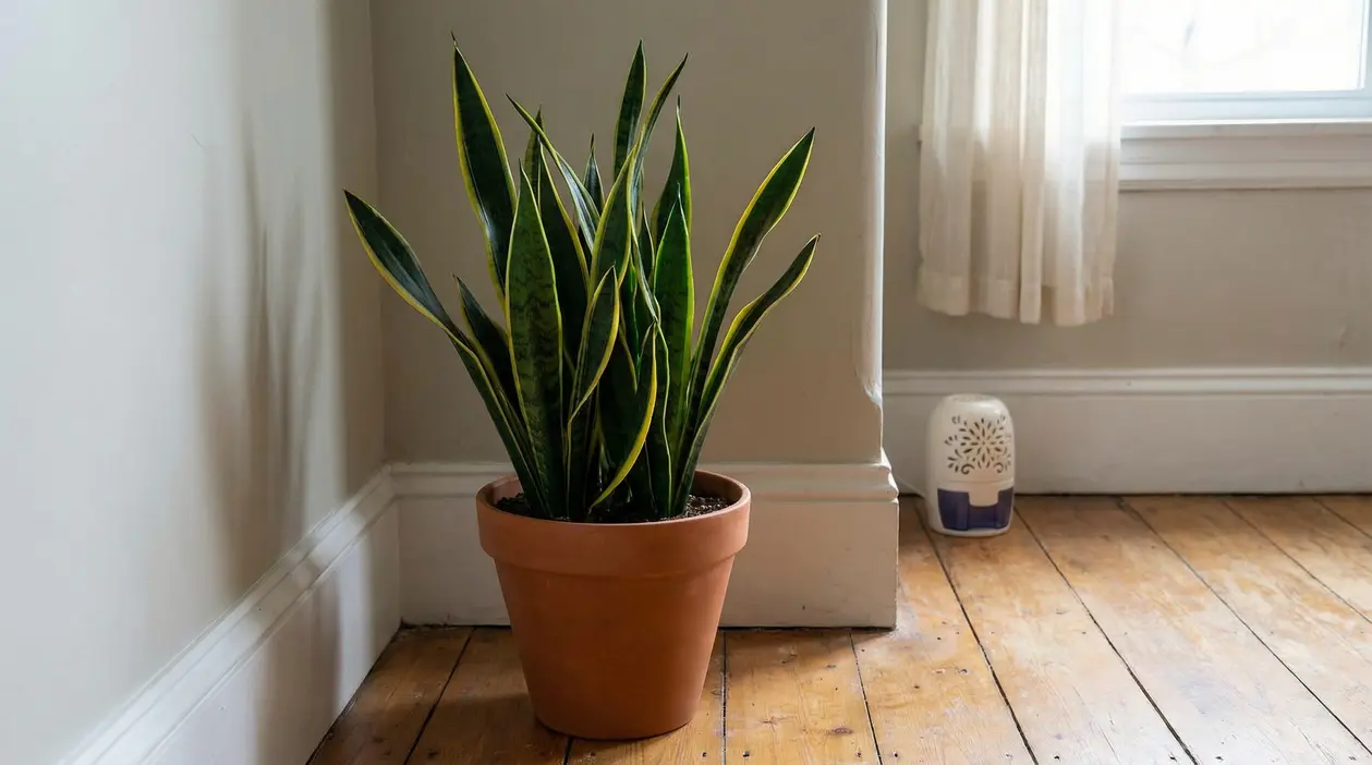 Pianta di Sansevieria in un vaso di terracotta posizionata in un angolo di una stanza