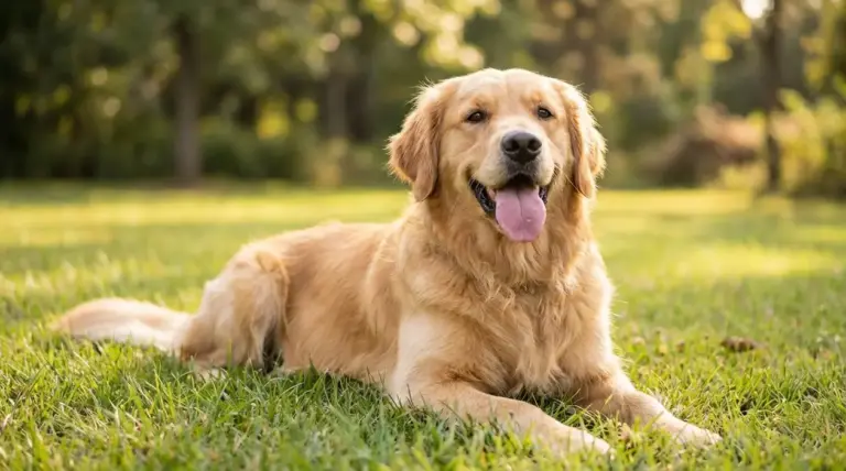 Un cane disteso sull'erba in un parco, con espressione felice e rilassata