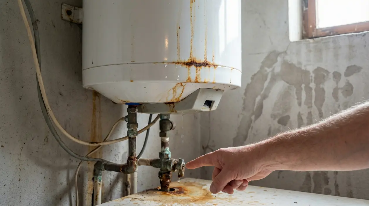 Caldaia arrugginita con perdite d'acqua e una mano che indica una perdita