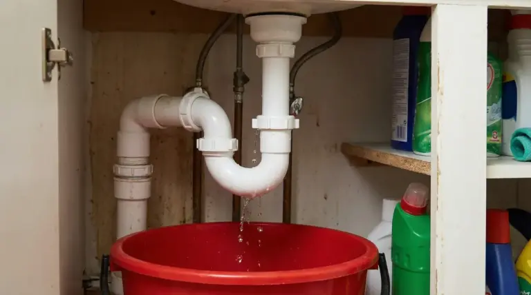 Perdita d'acqua da un sifone sotto il lavello con un secchio rosso per raccogliere le gocce