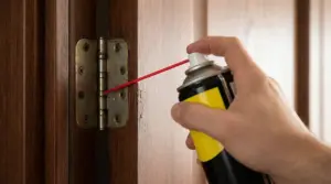 Una mano applica lubrificante sulla cerniera di una porta in legno