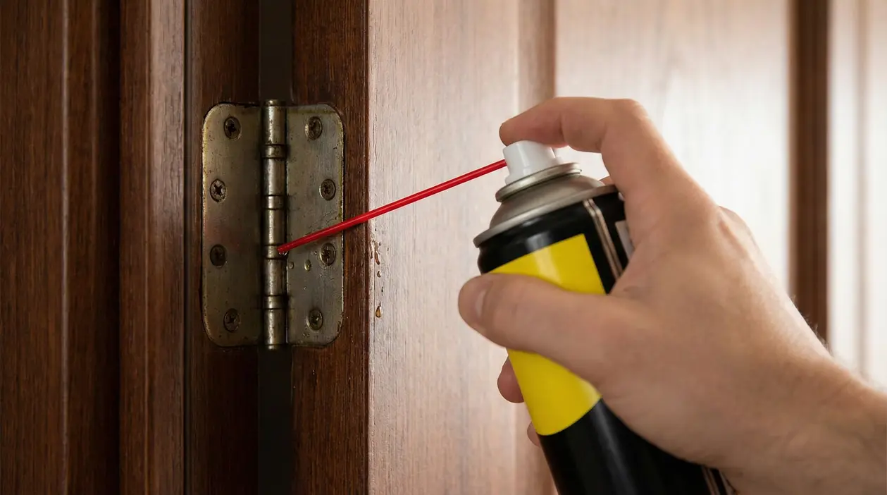 Una mano applica lubrificante sulla cerniera di una porta in legno