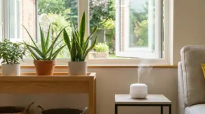 Diffusore di aromi e piante vicino a una finestra aperta in un soggiorno luminoso