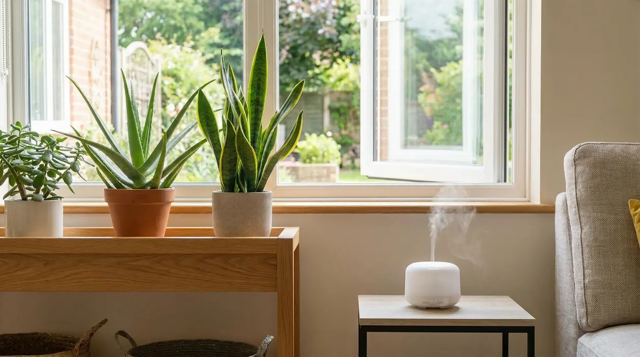 Diffusore di aromi e piante vicino a una finestra aperta in un soggiorno luminoso